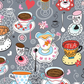 Alice Multi Teacups fabric by Jason Yenter for In The Beginning Fabrics with ruler showing print scale – whimsical Mad Hatter tea party scatter print with teacups, saucers, hearts, and lace on soft grey, perfect for children's quilts and novelty projects, 100% cotton, 3 yard cut