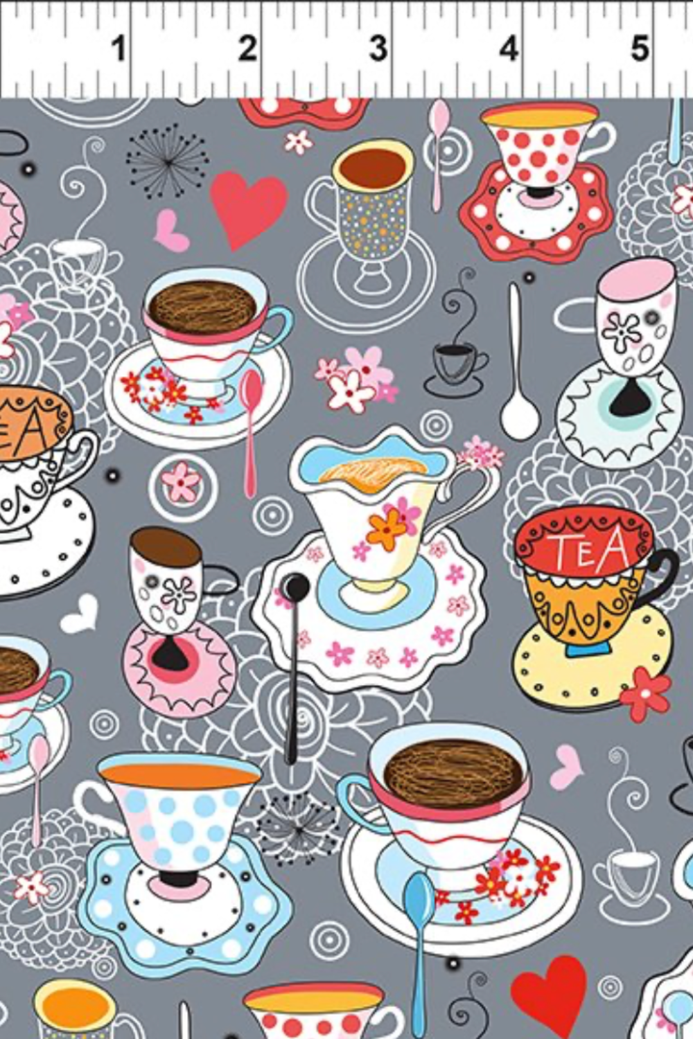 Alice Multi Teacups fabric by Jason Yenter for In The Beginning Fabrics with ruler showing print scale – whimsical Mad Hatter tea party scatter print with teacups, saucers, hearts, and lace on soft grey, perfect for children's quilts and novelty projects, 100% cotton, 3 yard cut