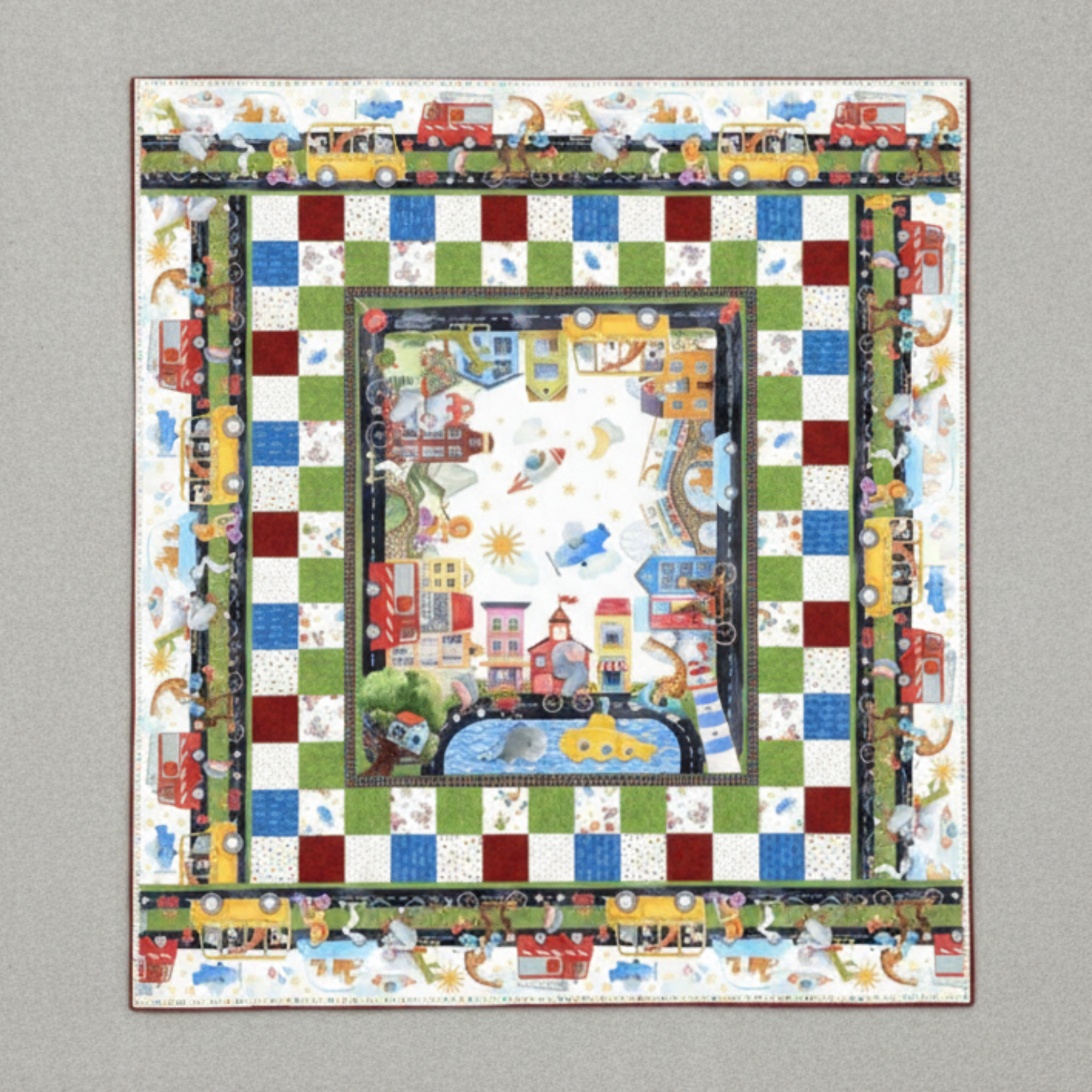 Full view of On the Go quilt with city-scene center panel, checkerboard border, and playful road-themed outer border.