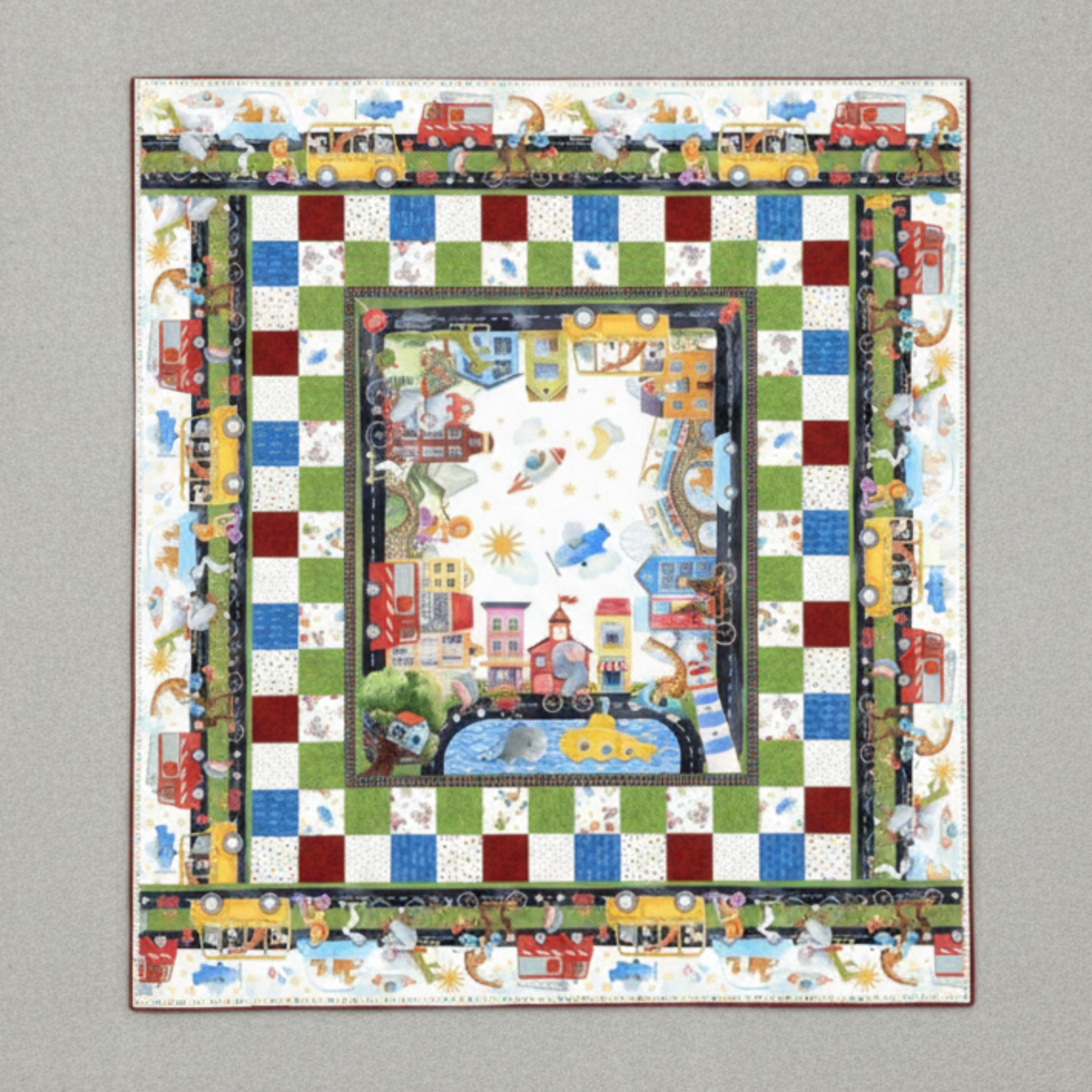 Full view of On the Go quilt with city-scene center panel, checkerboard border, and playful road-themed outer border.