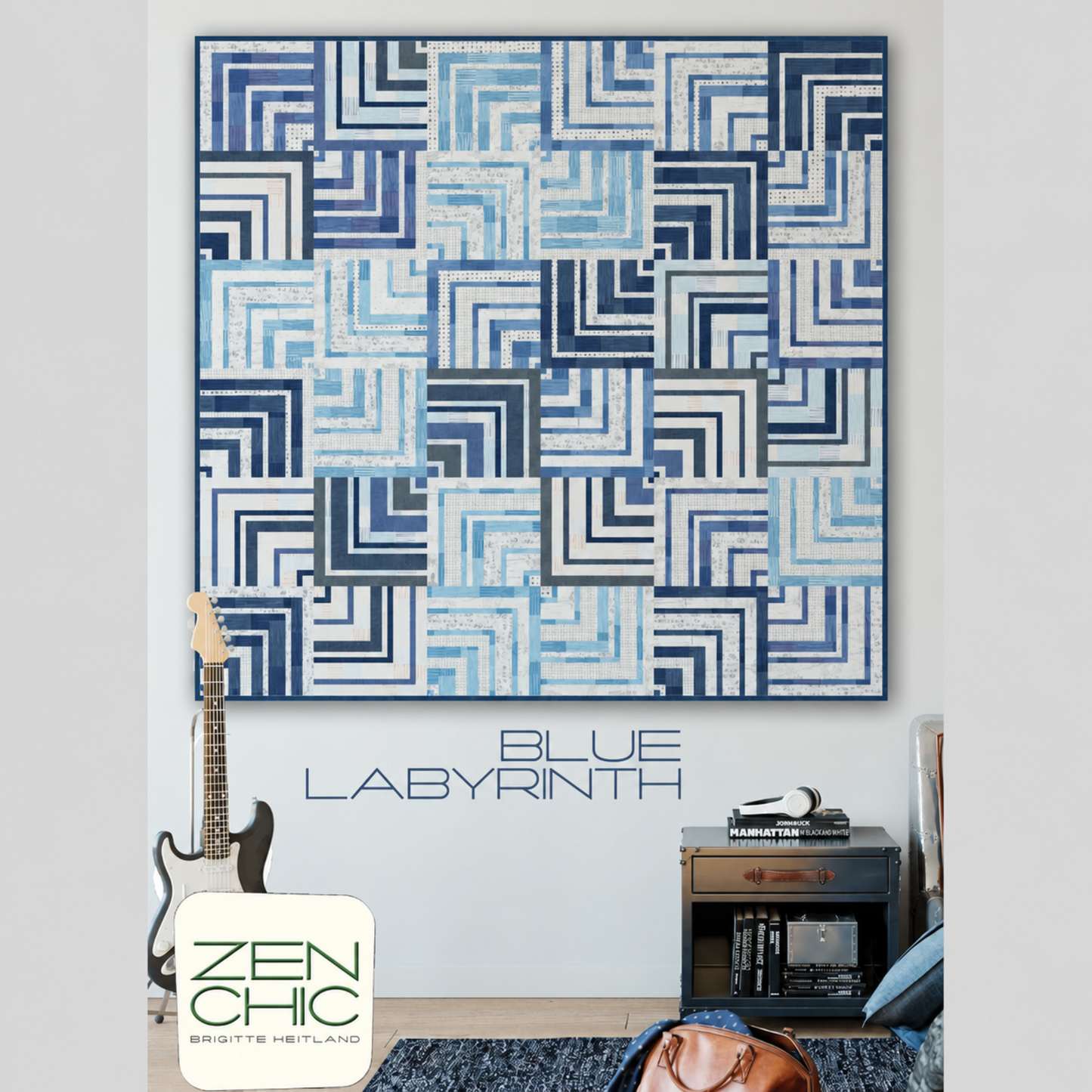 Blue Labyrinth quilt pattern front cover by Zen Chic — modern quarter log cabin quilt in navy, blue and white interlocking squares hung on white wall with guitar and side table, 60 x 60 inches