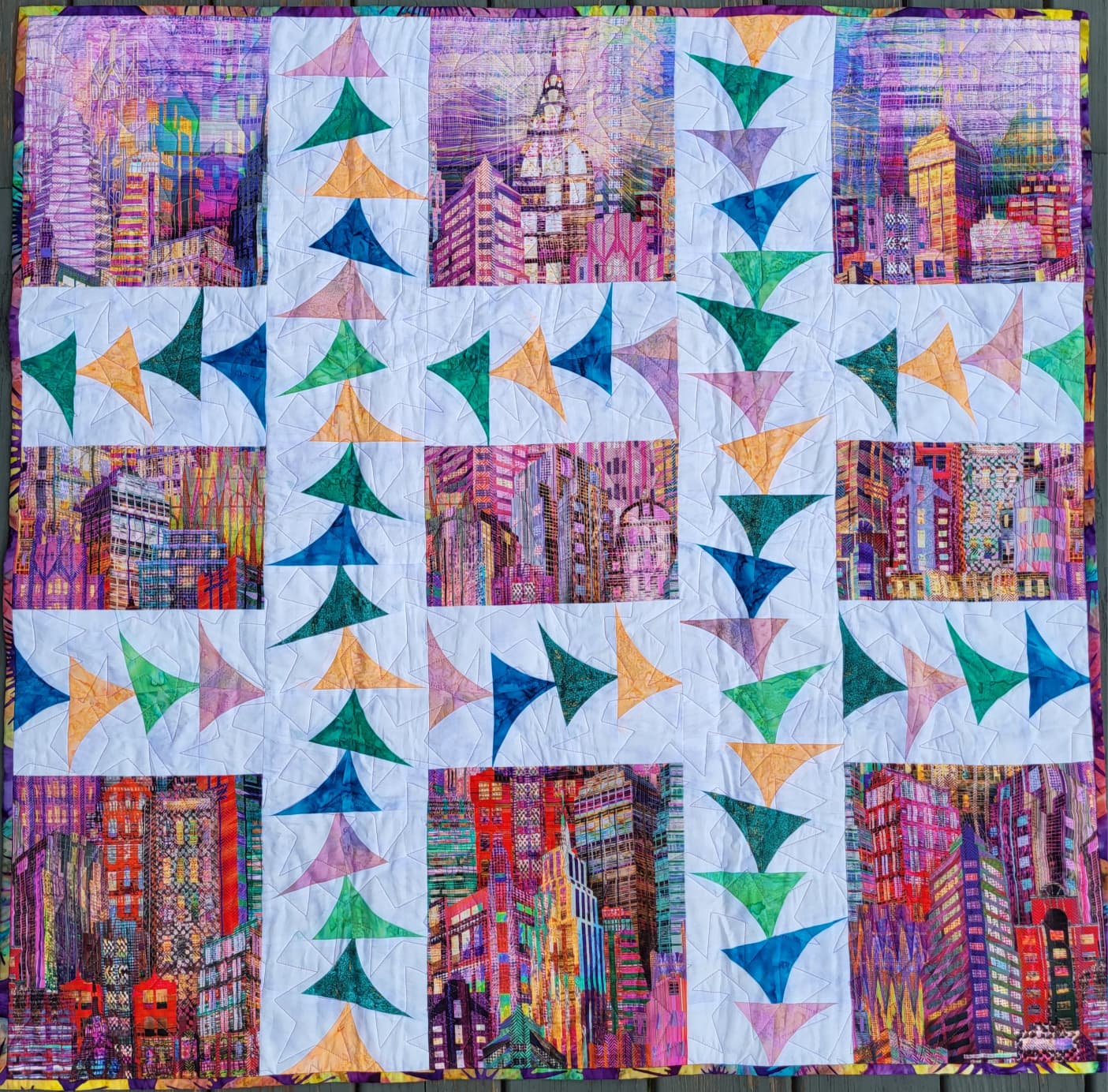 Flying Through the City 42" x 42" Handmade Wall Hanging / Table Topper / Lap Quilt