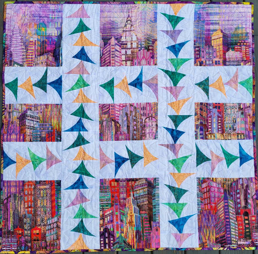 Flying Through the City 42" x 42" Handmade Wall Hanging / Table Topper / Lap Quilt