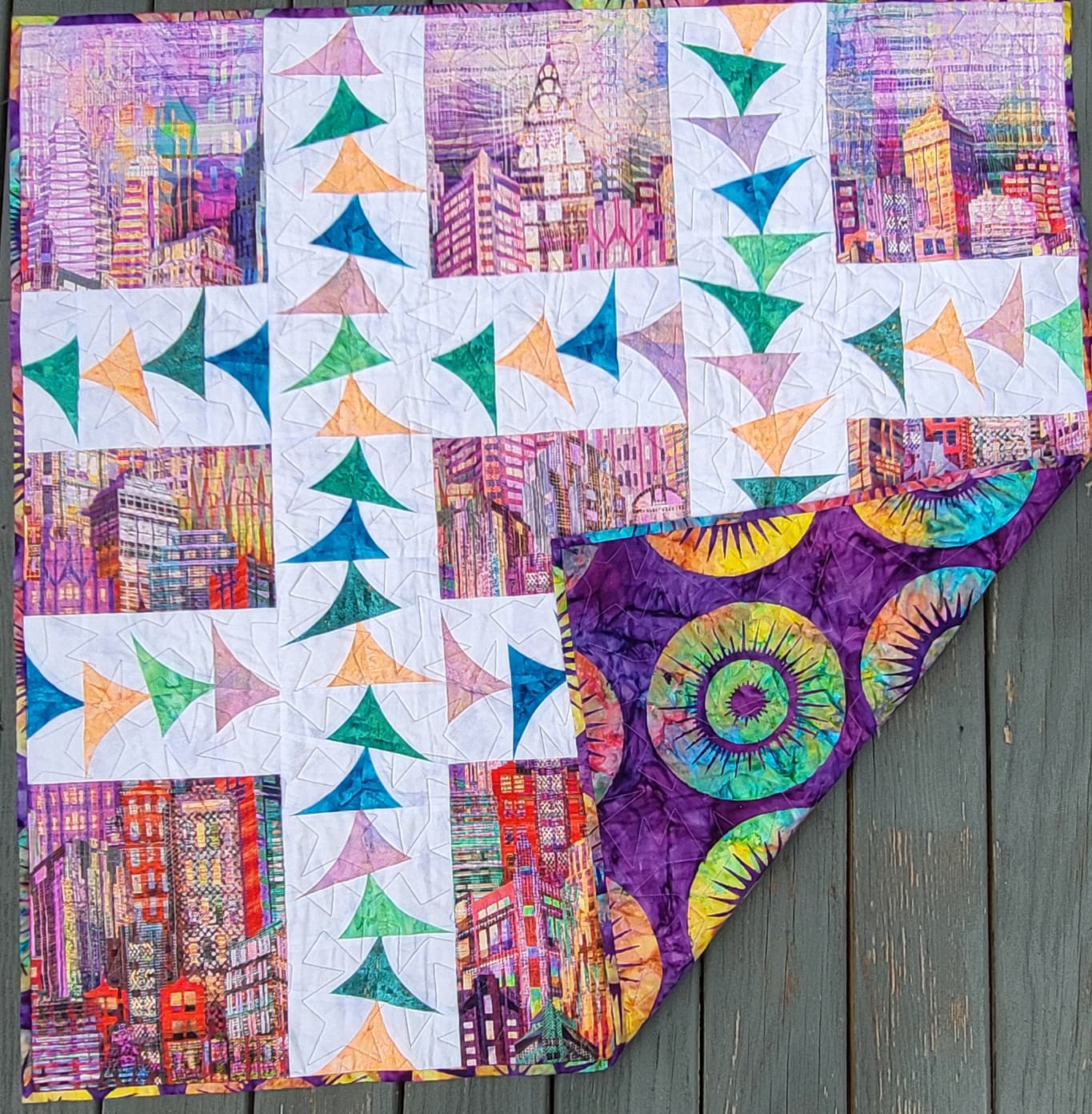 Flying Through the City 42" x 42" Handmade Wall Hanging / Table Topper / Lap Quilt