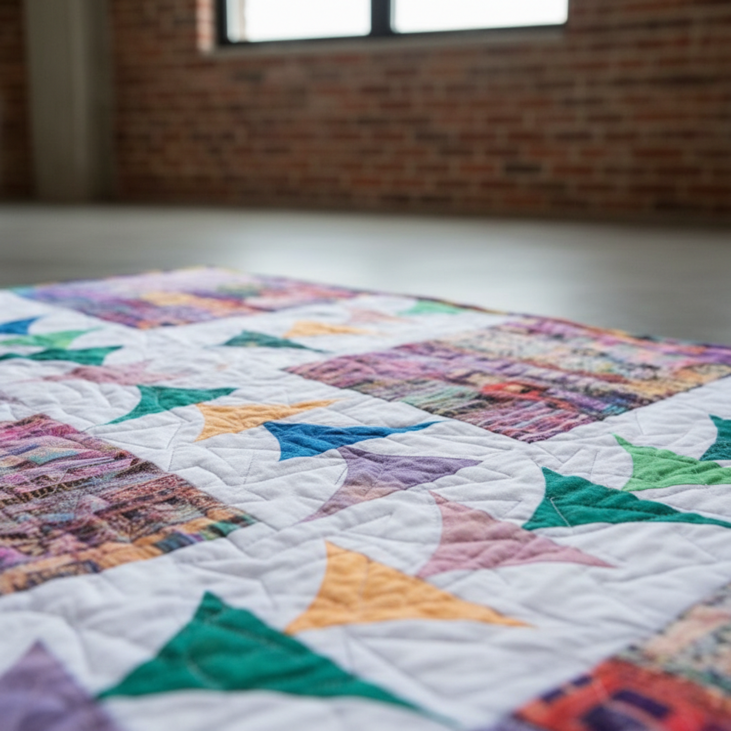 Colorful quilt with star patterns in a room with brick walls.
