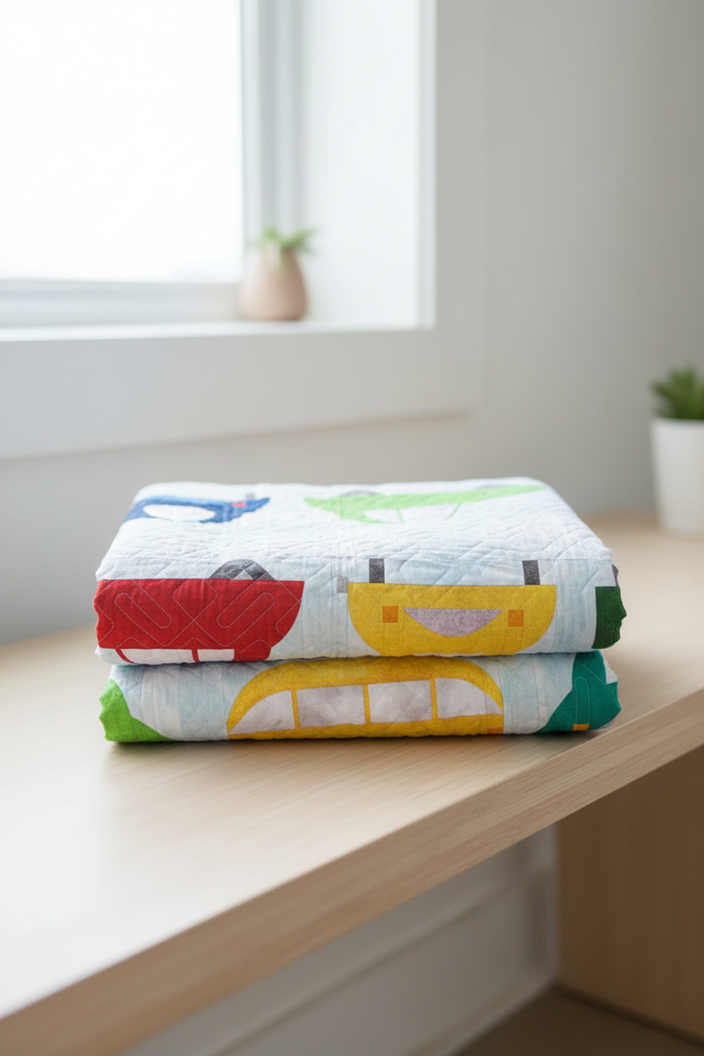 Folded Cool Cars handmade quilt highlighting thickness and quilted texture