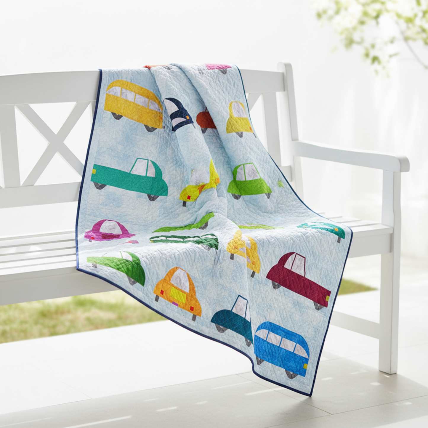 Cool Cars quilt draped outdoors showing scale and playful design