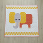 Handmade elephant baby quilt with yellow, gray, and orange elephant design, 54 x 54 modern nursery or lap quilt