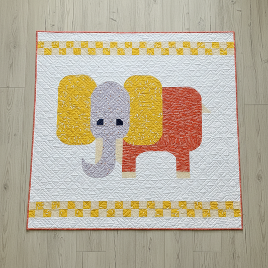 Handmade elephant baby quilt with yellow, gray, and orange elephant design, 54 x 54 modern nursery or lap quilt