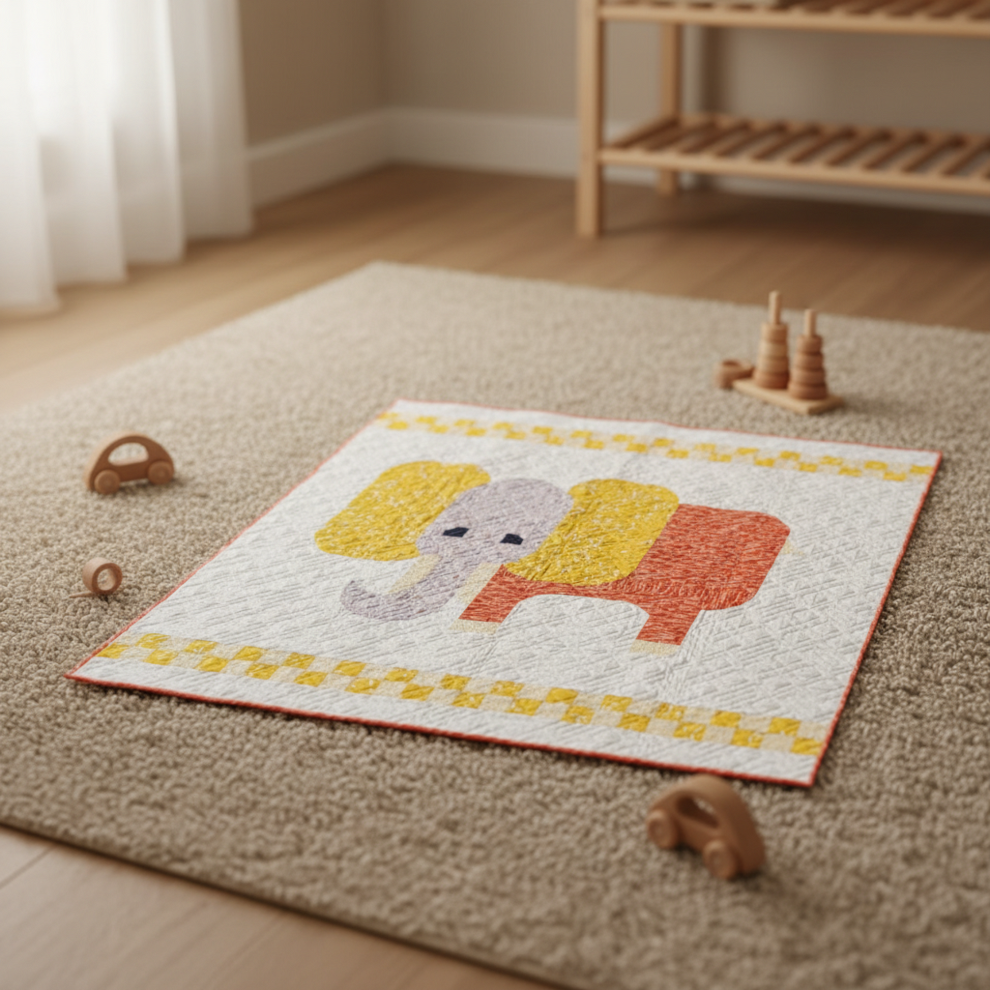 Modern elephant quilt styled as nursery floor blanket with clean, playful design