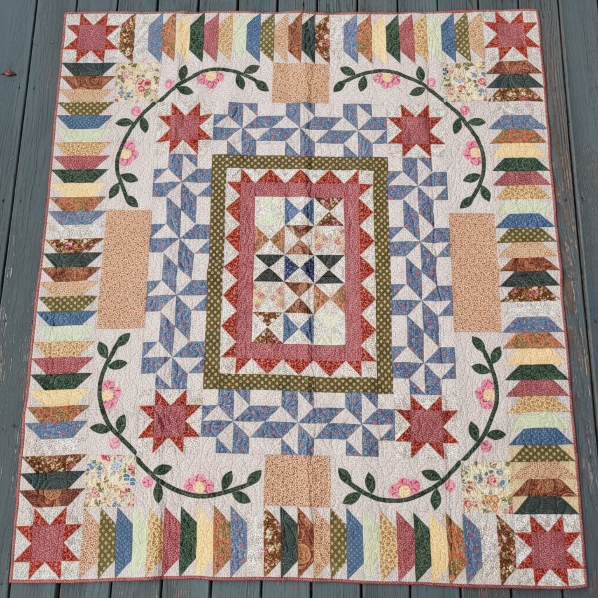 Handmade Patchwork Garden quilt with floral prints and traditional blocks laid flat