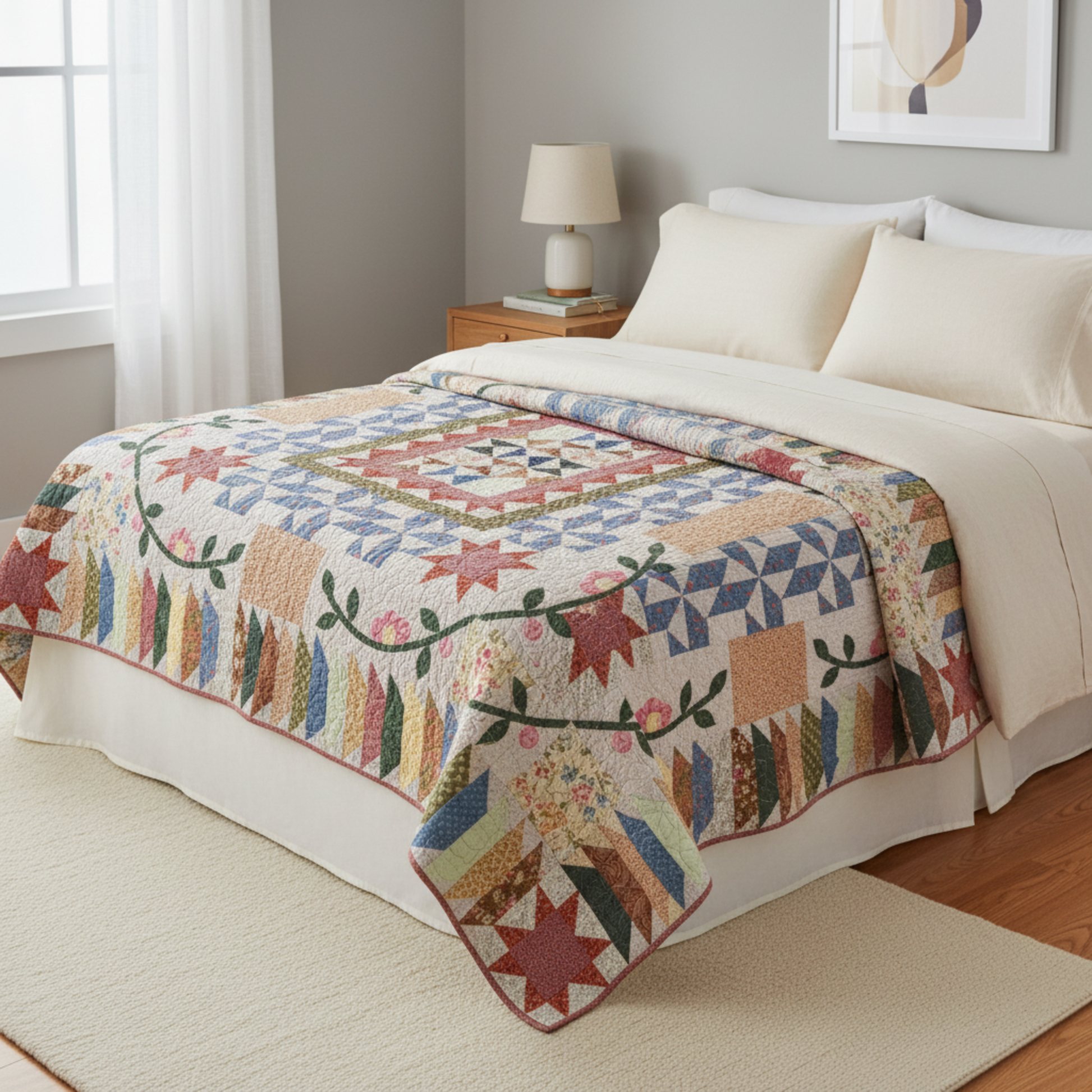 Colorful quilt on a bed in a bedroom with a lamp and window in the background.