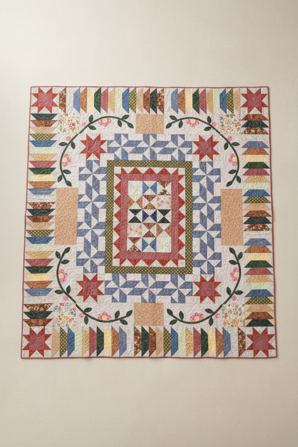 Handmade Patchwork Garden quilt with floral prints and traditional blocks laid flat