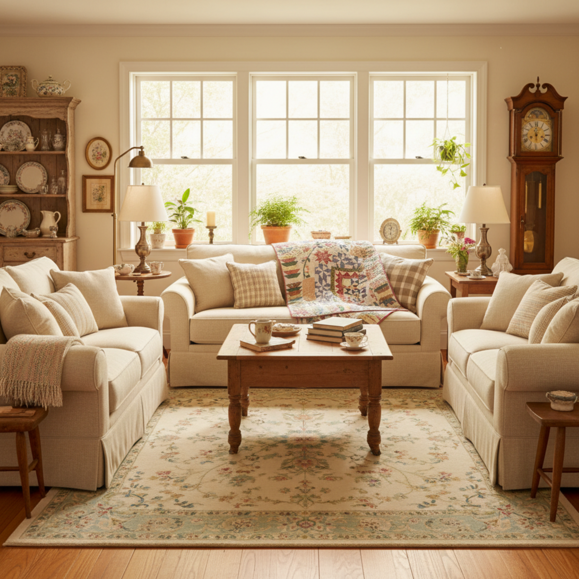 Cozy living room with beige sofas, a wooden coffee table, and decorative elements.