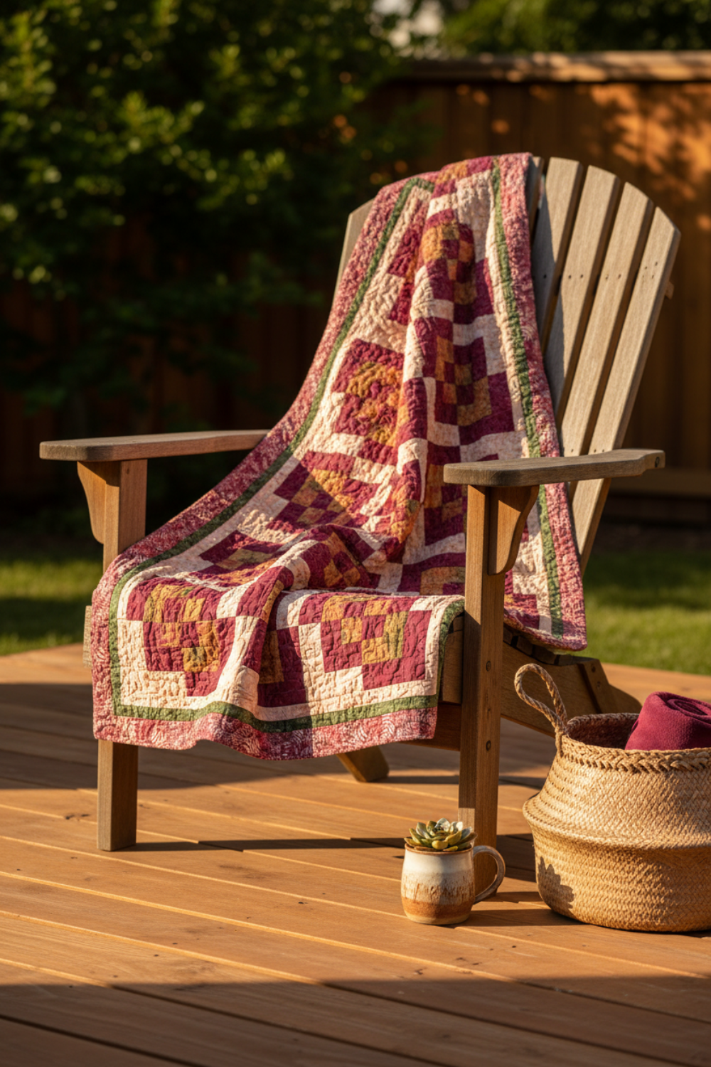 Quilt draped over a wooden chair on a wooden deck with a blurred natural background