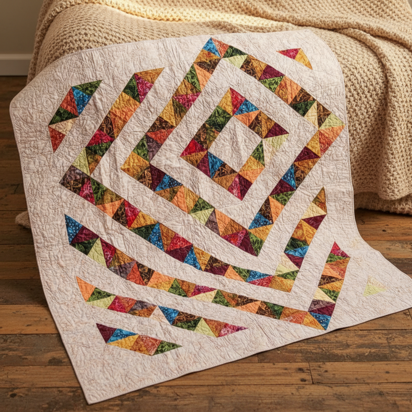 Handmade 4‑Patch Charm quilt in rich batik fabrics, shown flat with colorful four‑patch blocks and soft, swirled quilting.