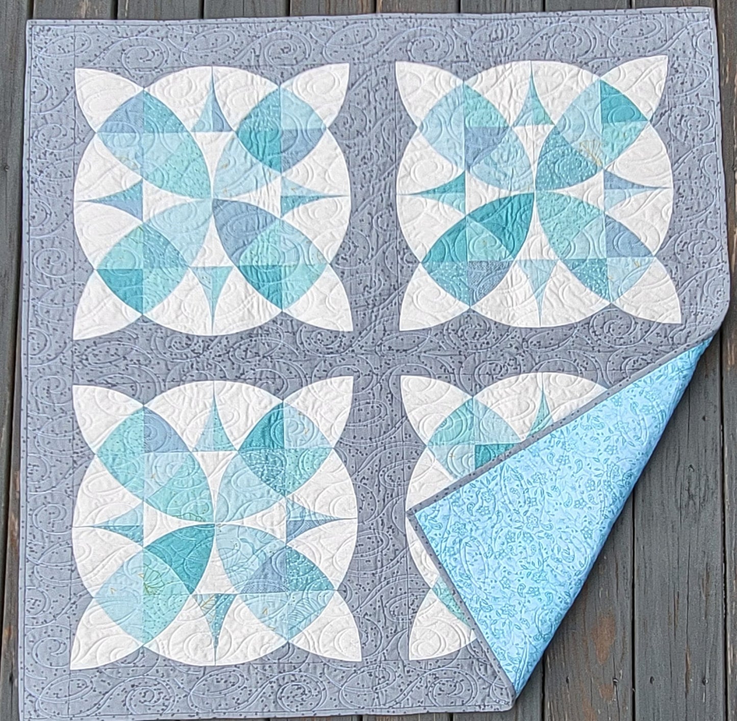 Country Revival Soft Aqua & Gray 44" x 44" Handmade Wall Hanging, Table Topper, or Throw Quilt
