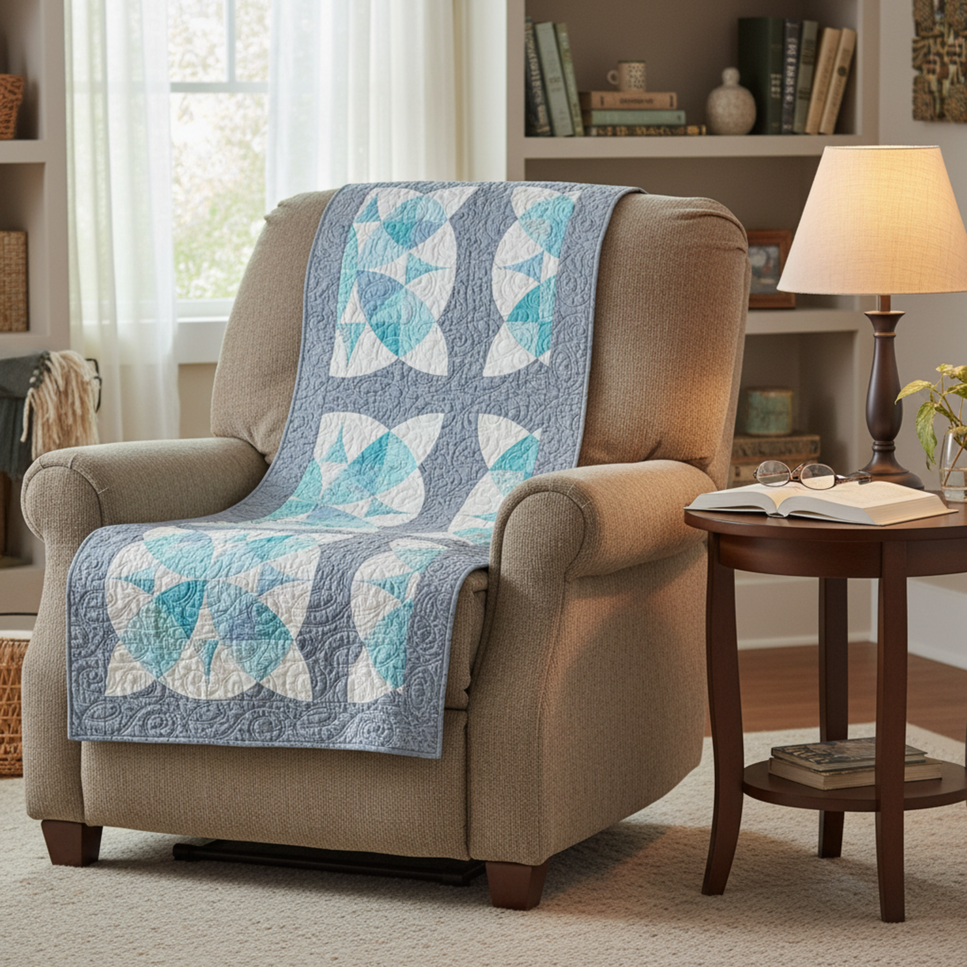Beige armchair with a blue and white quilt draped over it, in a cozy living room setting.