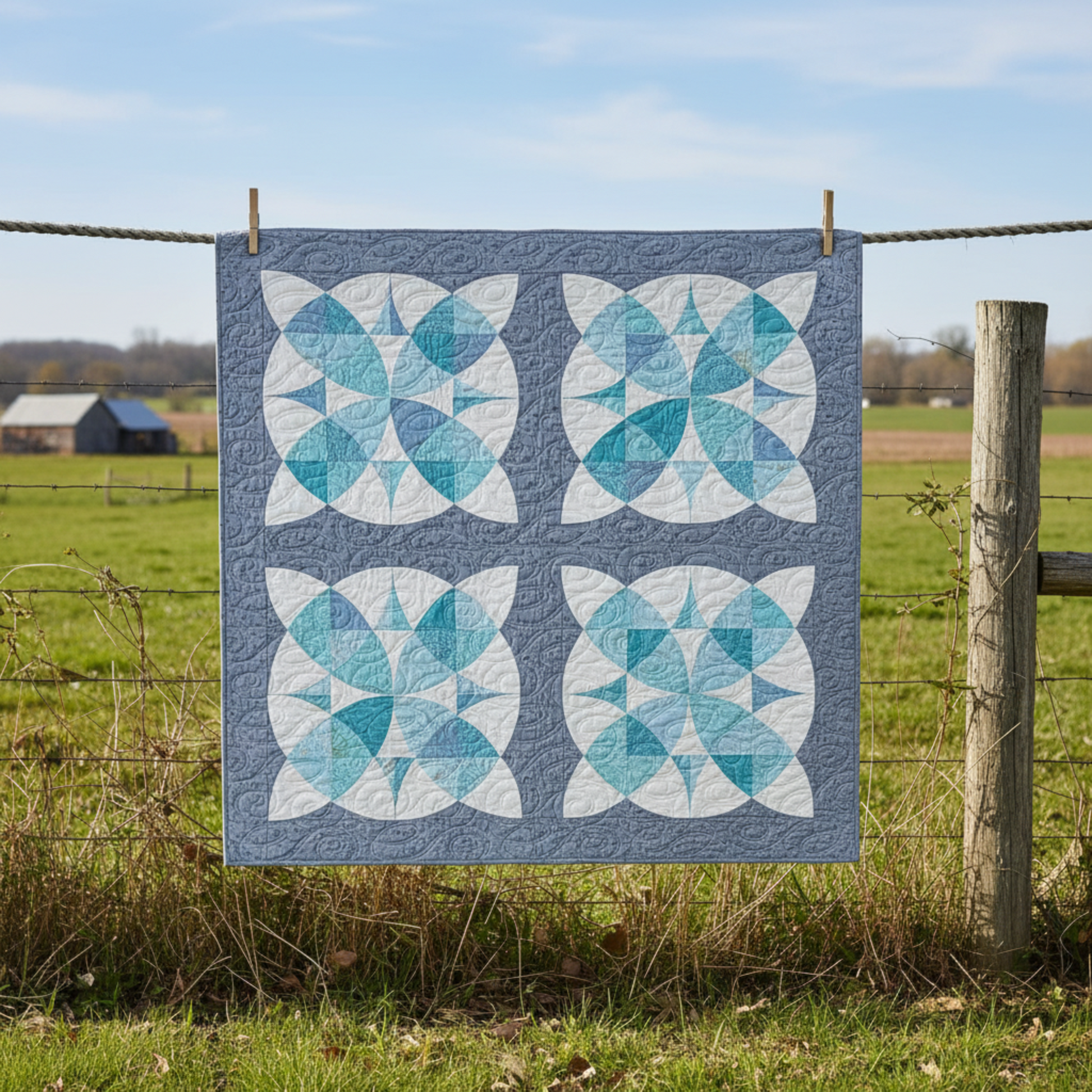 Quilt with geometric pattern hanging on a fence in a rural setting