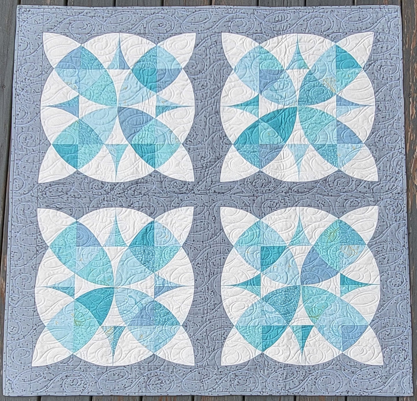 Country Revival Soft Aqua & Gray 44" x 44" Handmade Wall Hanging, Table Topper, or Throw Quilt