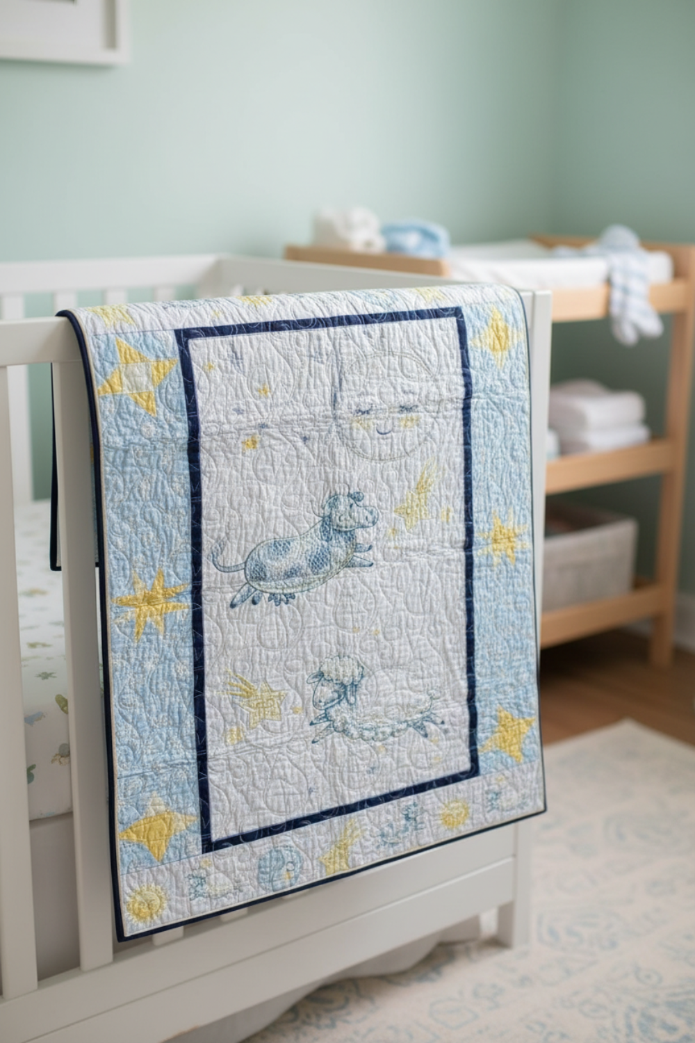Baby crib with a decorative quilt featuring sea-themed designs in a nursery setting.