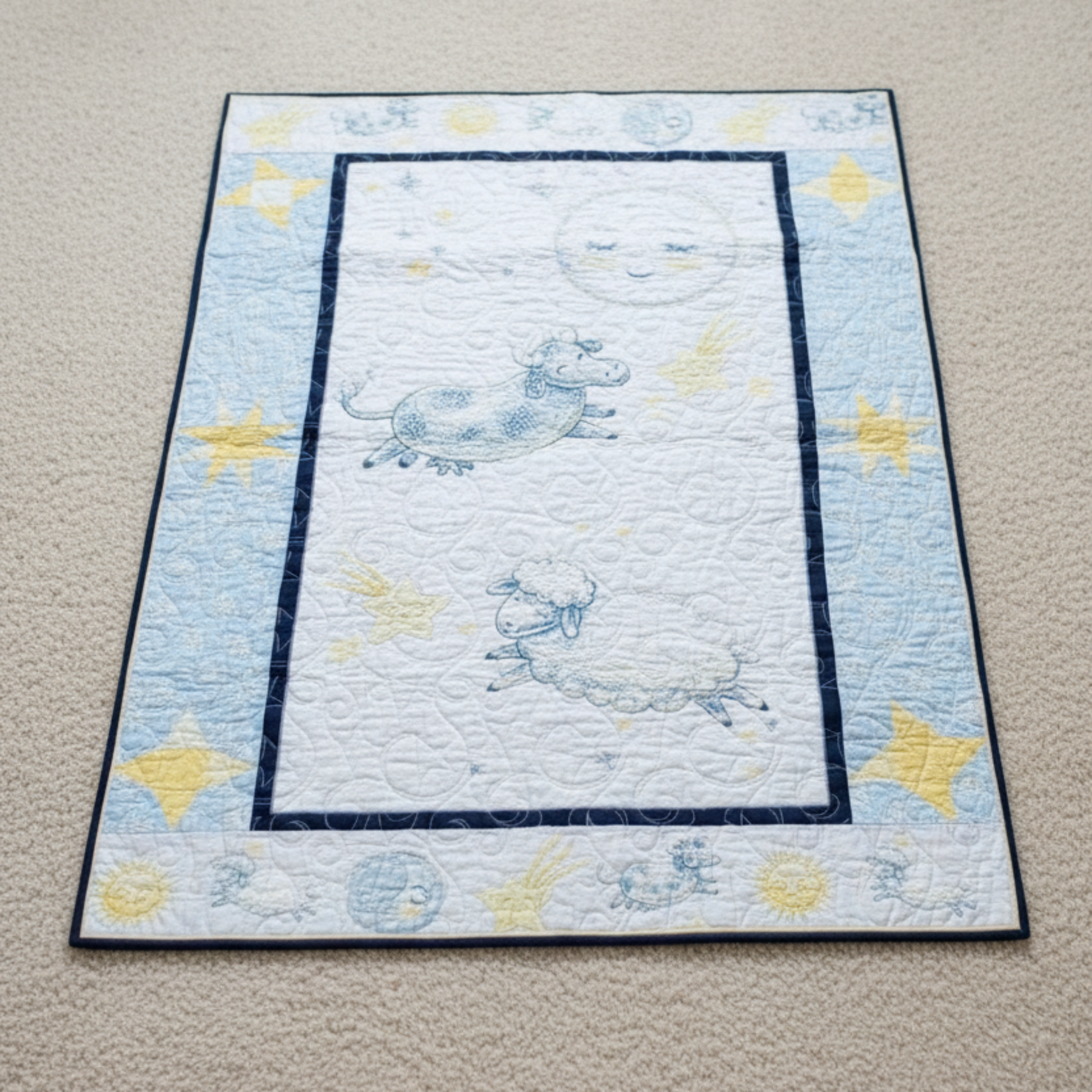 Children's quilt with space-themed design on a beige carpet