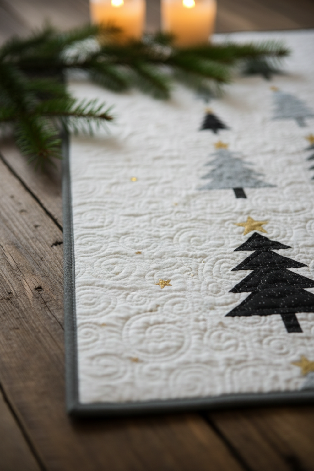 Handmade winter quilt laid flat on a rustic wood table, styled with evergreen branches and candles, highlighting modern tree design and swirling quilting.
