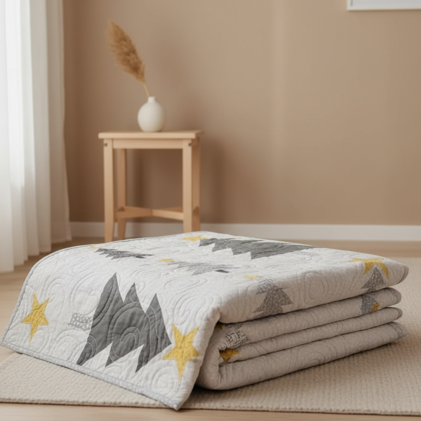 Folded handmade throw quilt with gray trees and gold stars styled in a modern neutral room, showing cozy thickness and clean contemporary design.