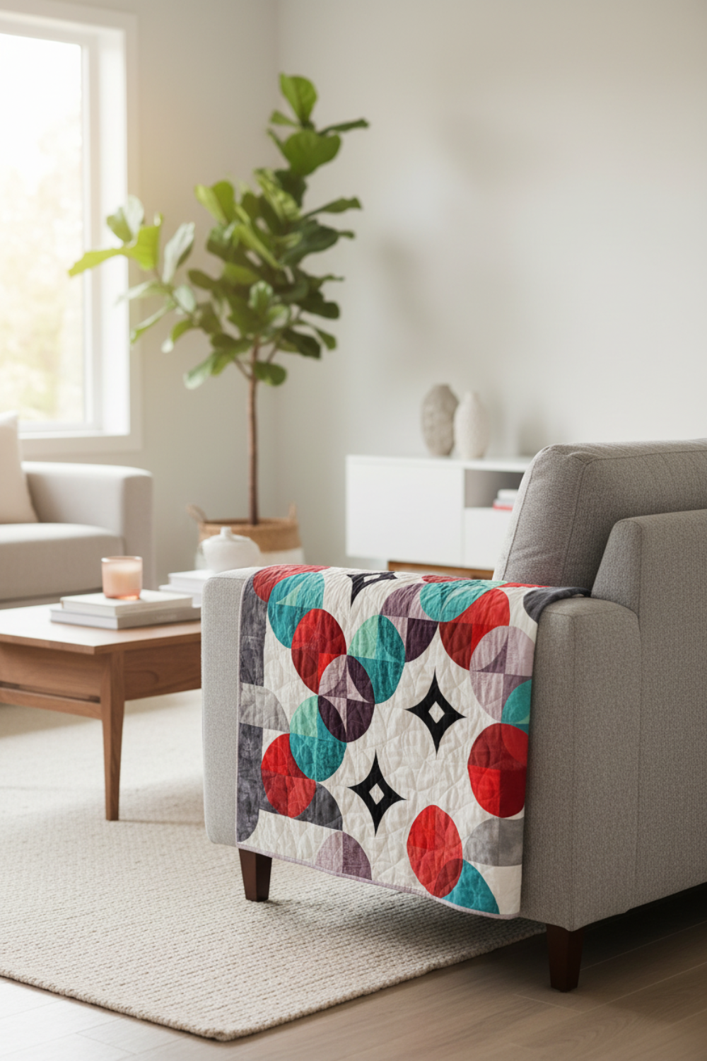 Modern Moon Dance quilt draped over sofa showing movement and scale