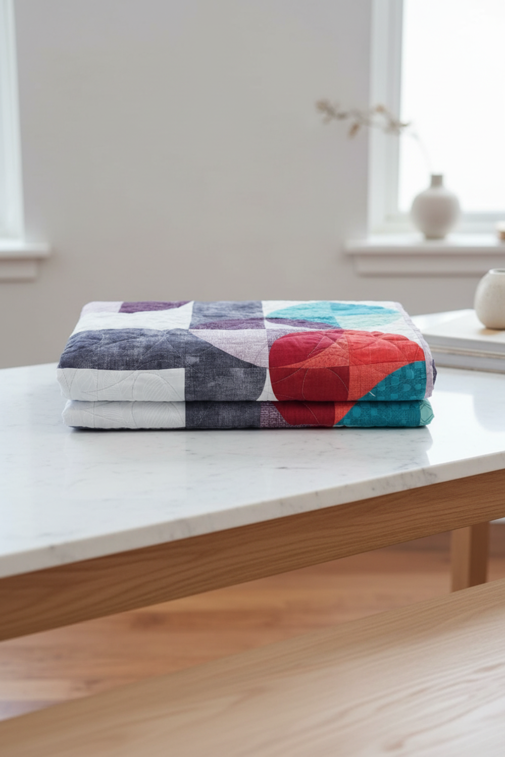 Folded Moon Dance handmade quilt highlighting bold colors and curved quilting