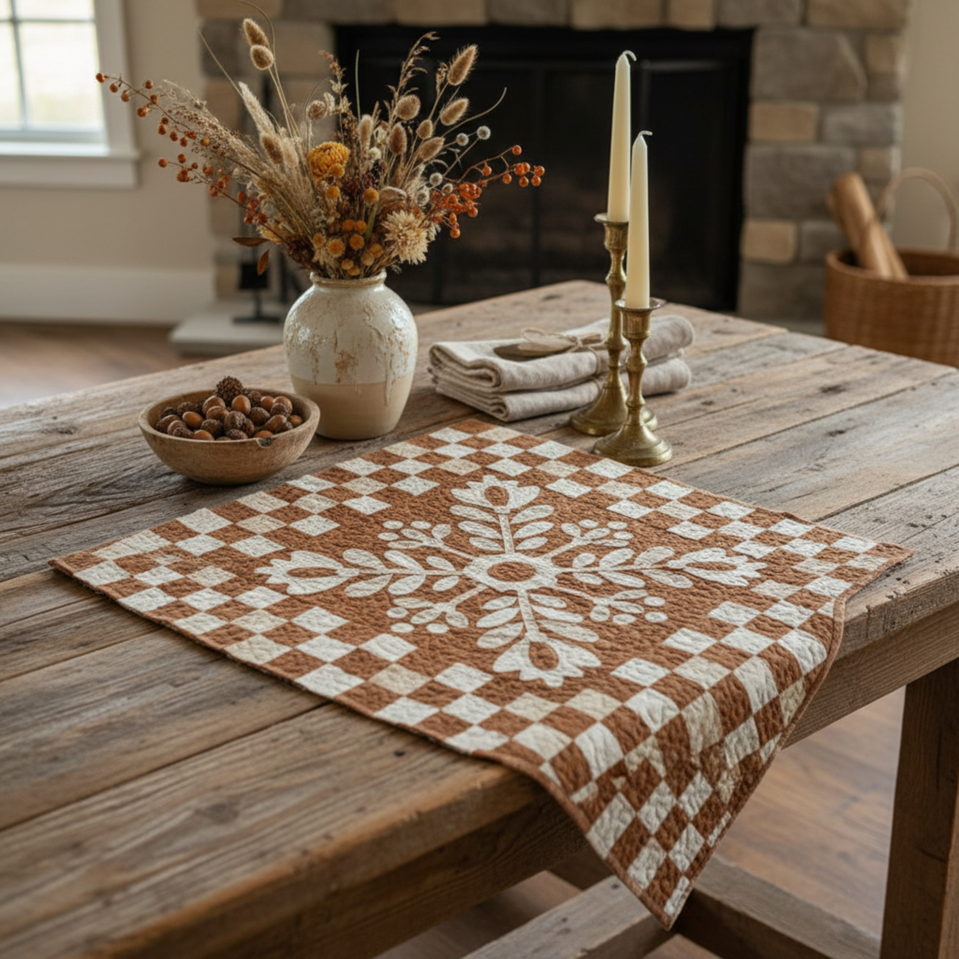Decorative table setting with a patterned table runner, candles, and a vase on a wooden table.