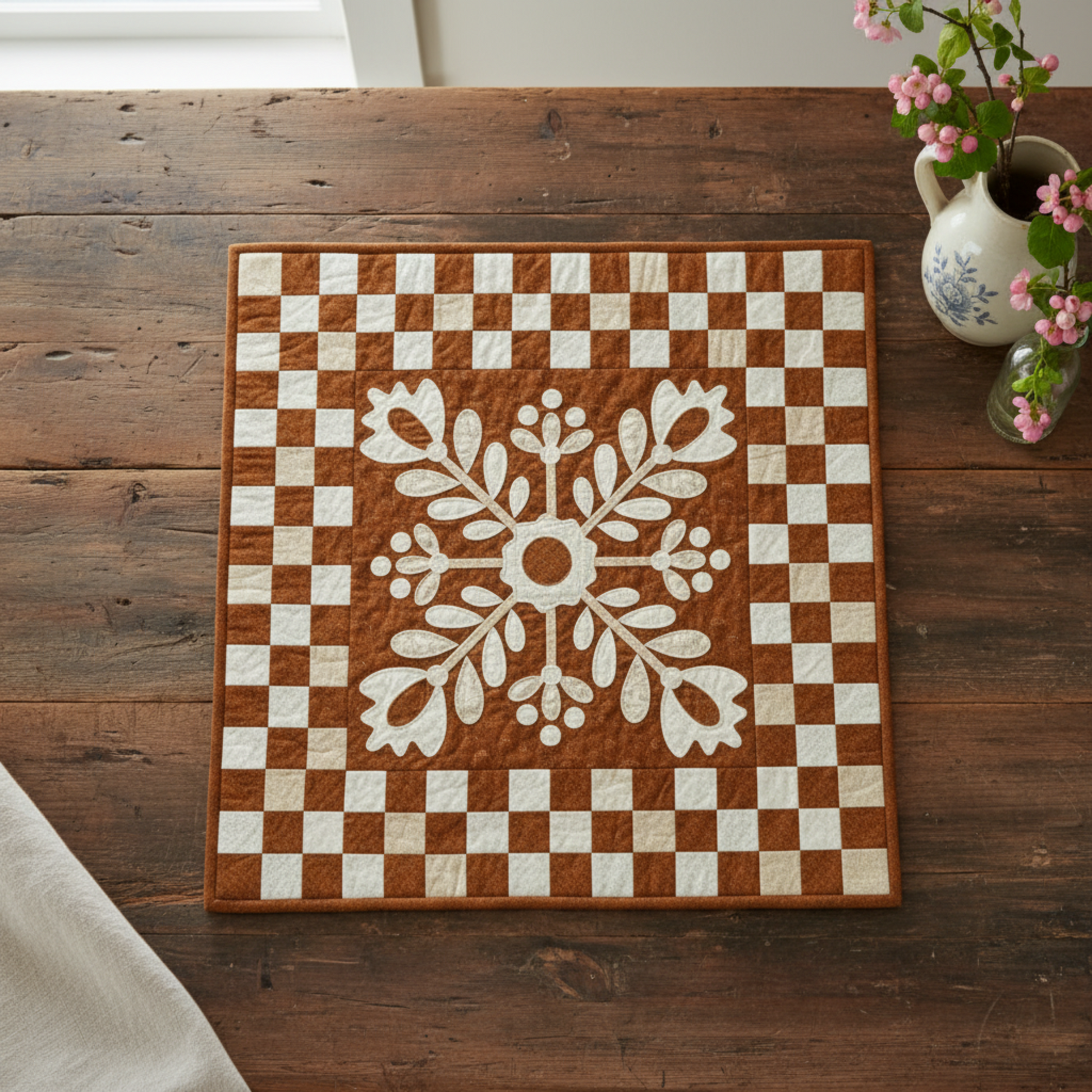 Decorative quilt with a floral pattern on a wooden table