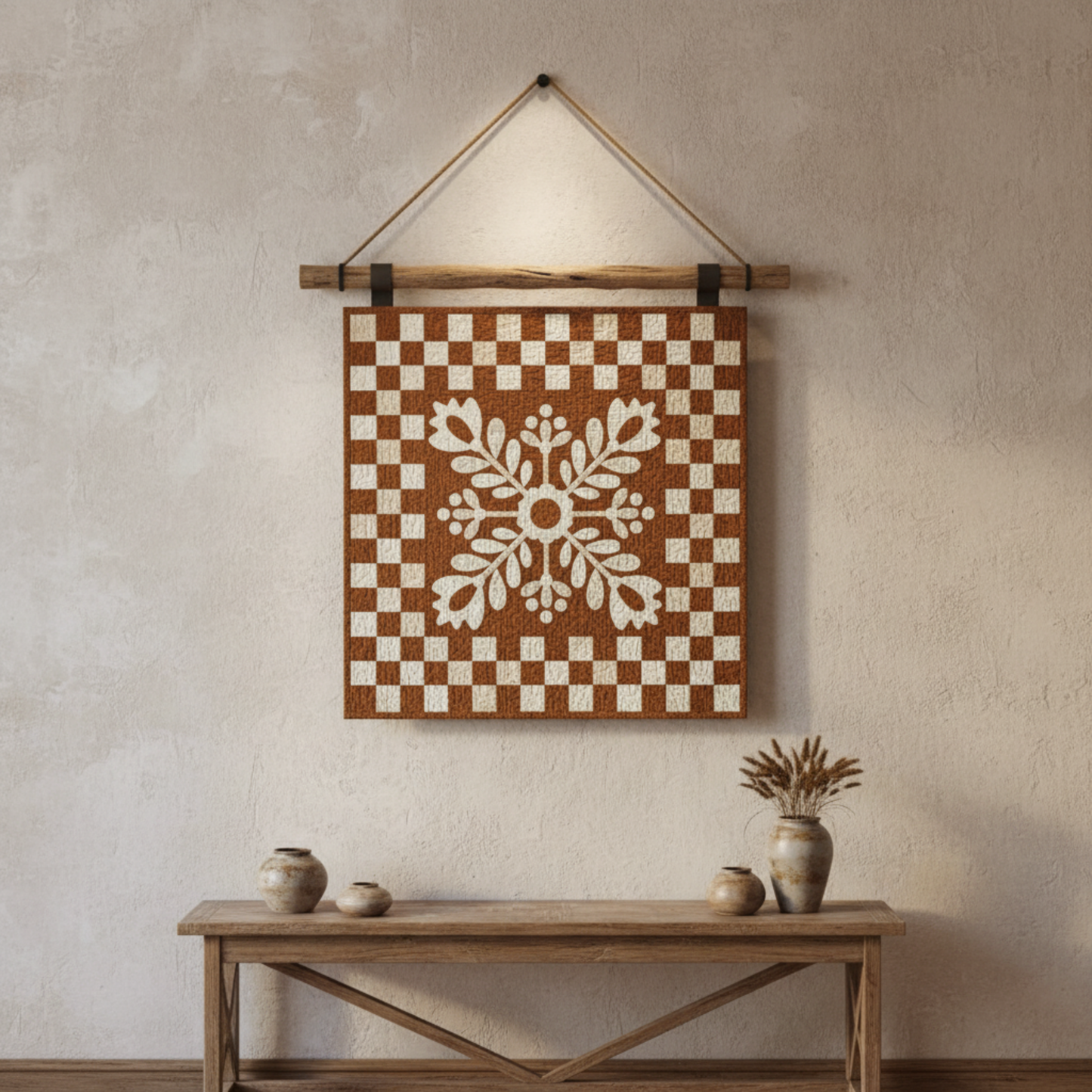 Decorative wall hanging with a checkered pattern and central design, displayed on a neutral wall above a wooden console table.