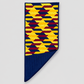Golden Weave quilted table runner with one corner folded back to reveal navy backing and quilting beneath golden yellow, navy and burgundy patchwork.