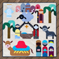 Starry Night handmade nativity quilt with colorful figures, animals, palm trees, and a gold star on a light background.