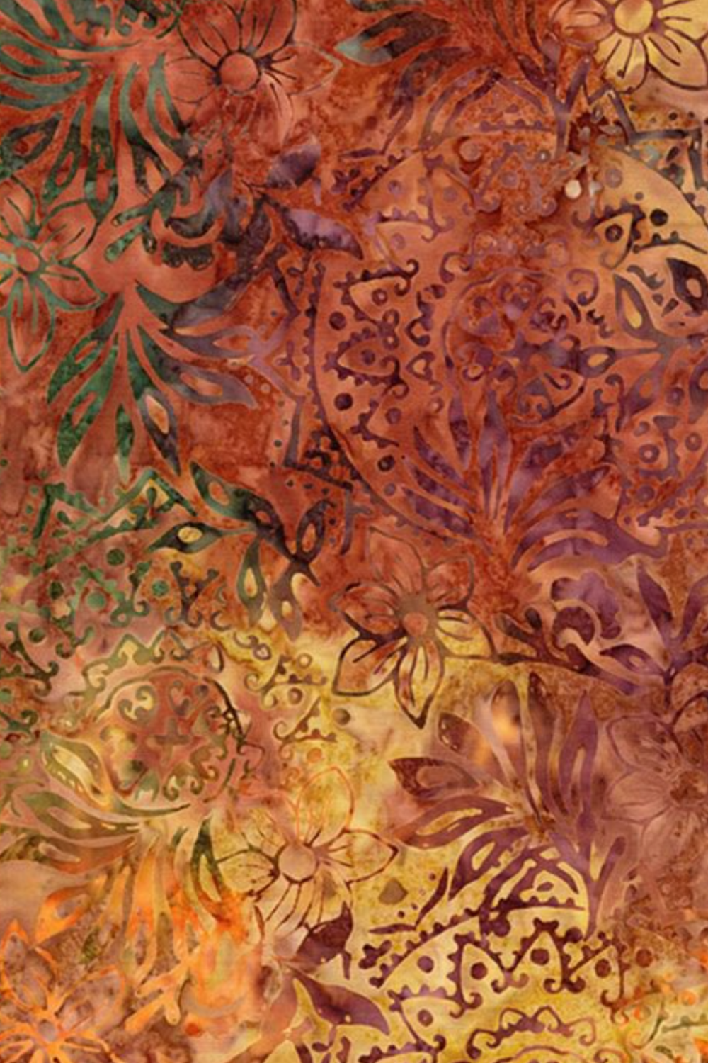 Close-up of Windsong Tonga Batiks Floral Medallions Sienna fabric by Wing and a Prayer Design for Timeless Treasures, with layered floral and leafy motifs in warm earth tones.