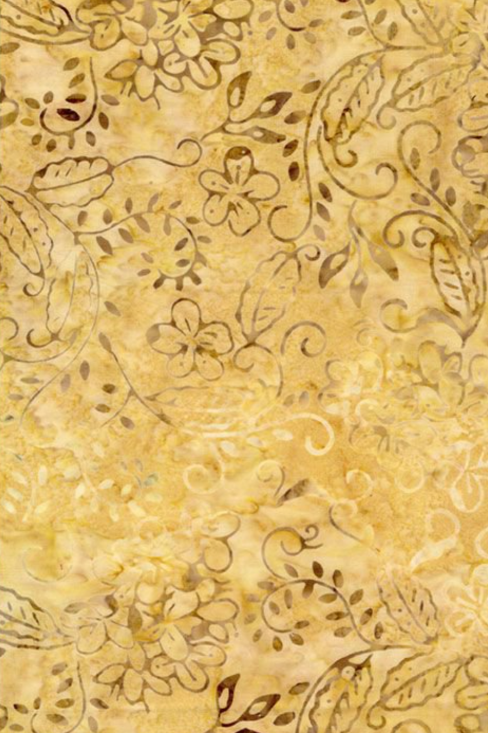 Close-up of Windsong Tonga Batiks Viney Floral Fawn fabric by Wing and a Prayer Design for Timeless Treasures, featuring delicate cream, honey, tan, and taupe flowers, curling vines, and leaves on a mottled fawn-gold ground.