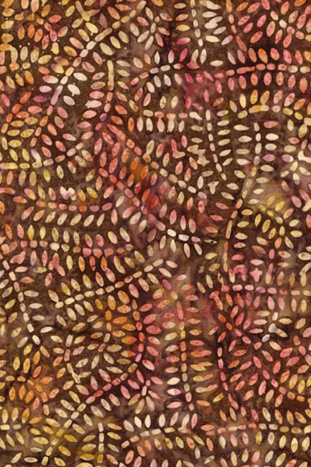 Windsong Tonga Batiks Rainfall Leaves Truffle fabric with cascading cream, blush, coral, rust, ochre, and olive leaves on deep truffle brown.
