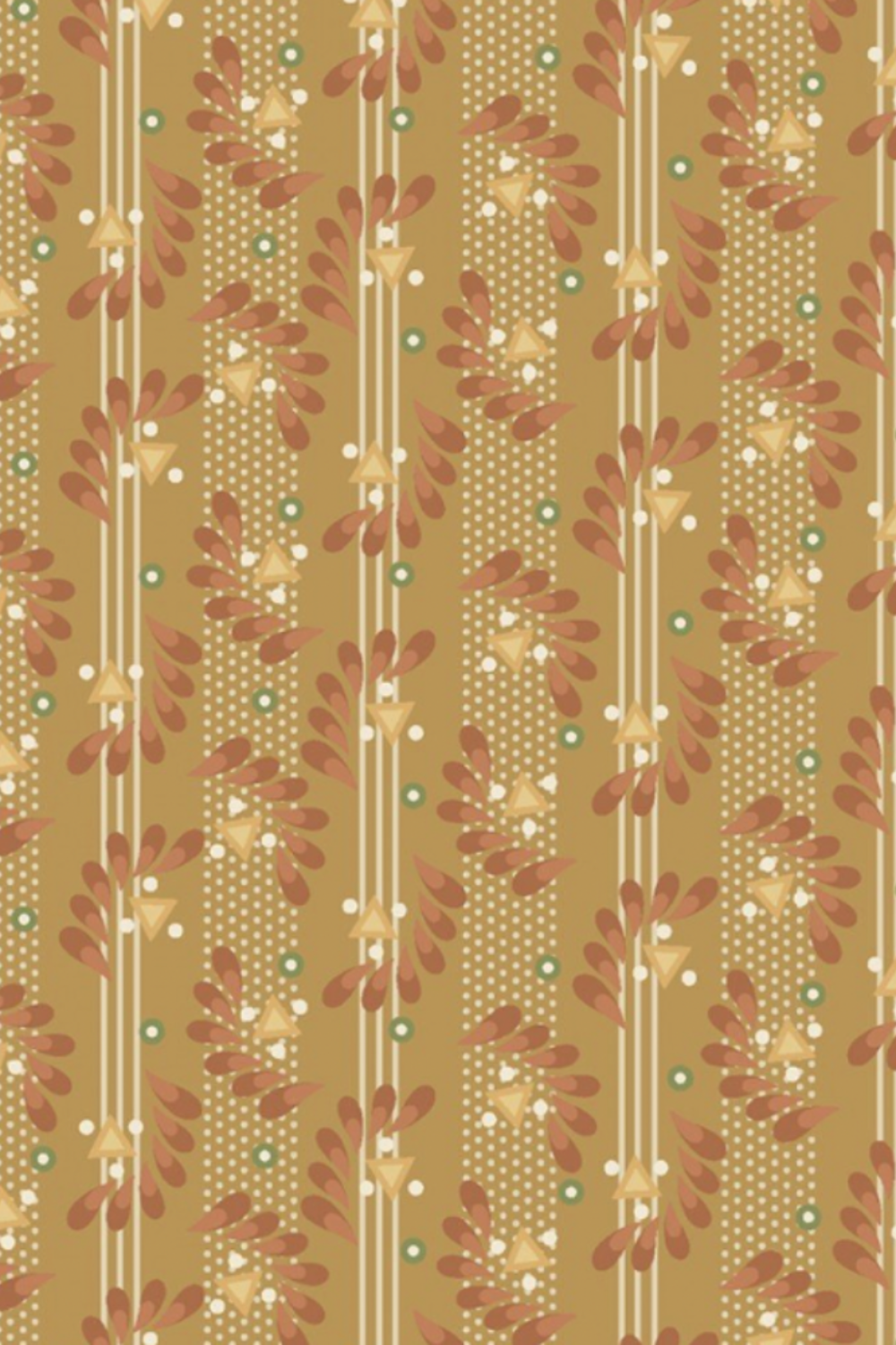 Close-up of Front Porch Railings – Gold quilting cotton by Dolores Smith, featuring olive-gold stripes, burgundy leaf garlands, and cream details.