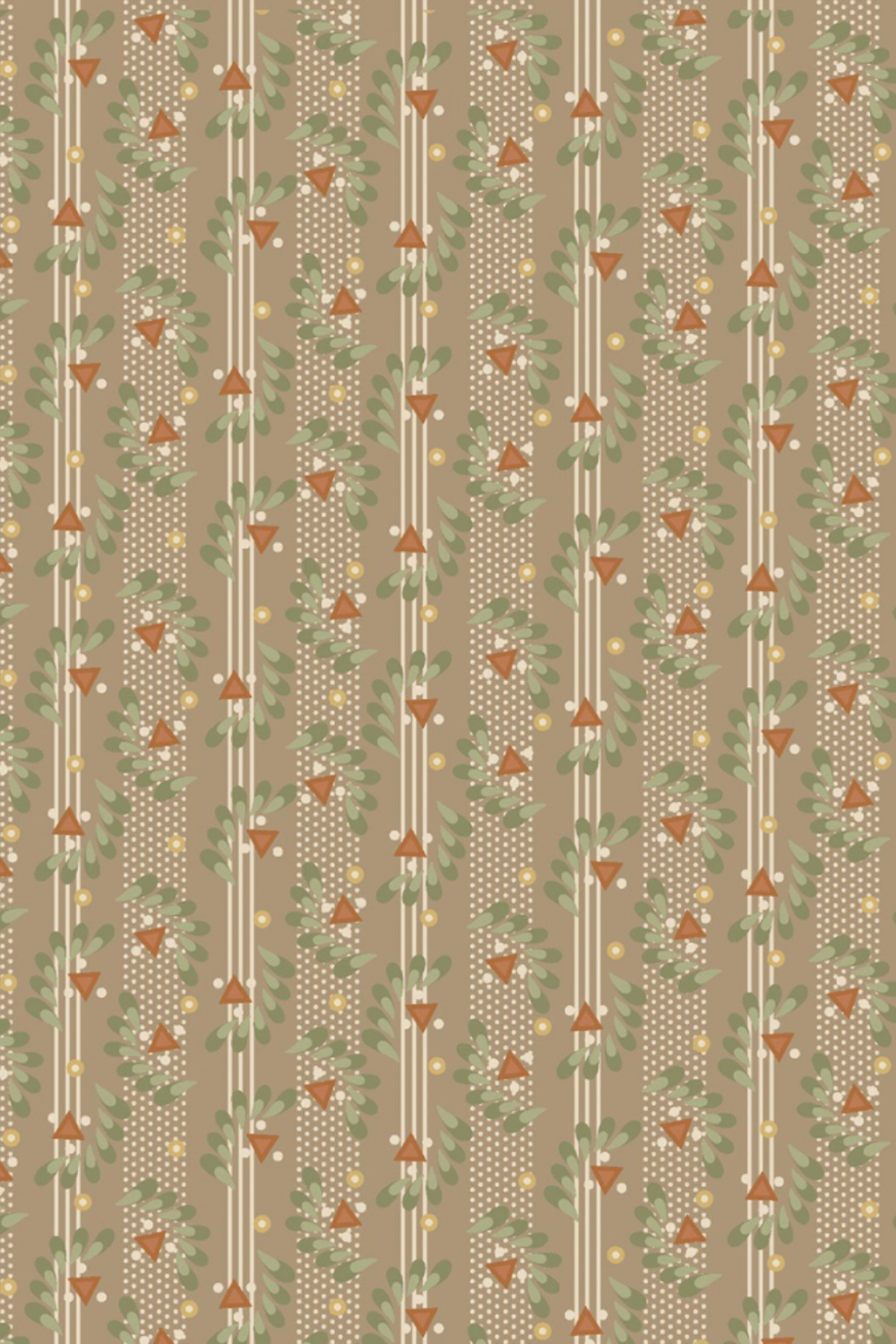 Close-up of Front Porch Railings – Taupe quilting cotton by Dolores Smith, showing taupe-brown vertical stripes with sage leaf garlands, rust tulips, cream pin stripes, and gold dots.