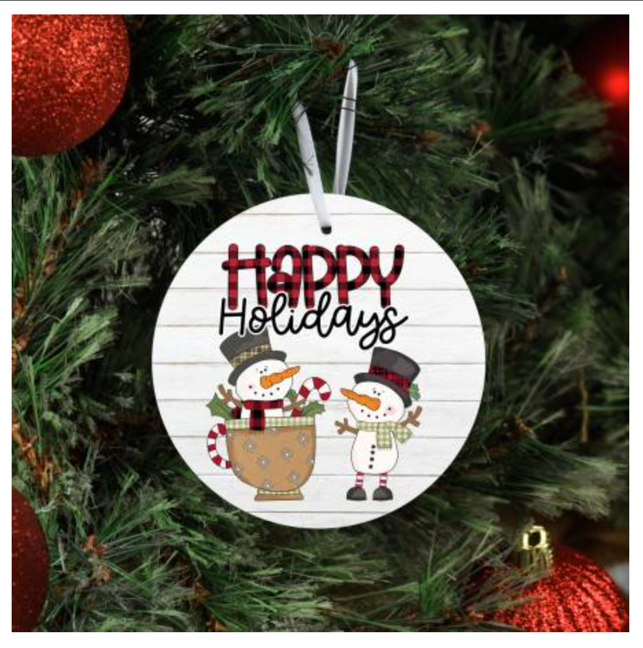 Happy Holidays Snowmen Metal Ornament – home decor – colorful textile design