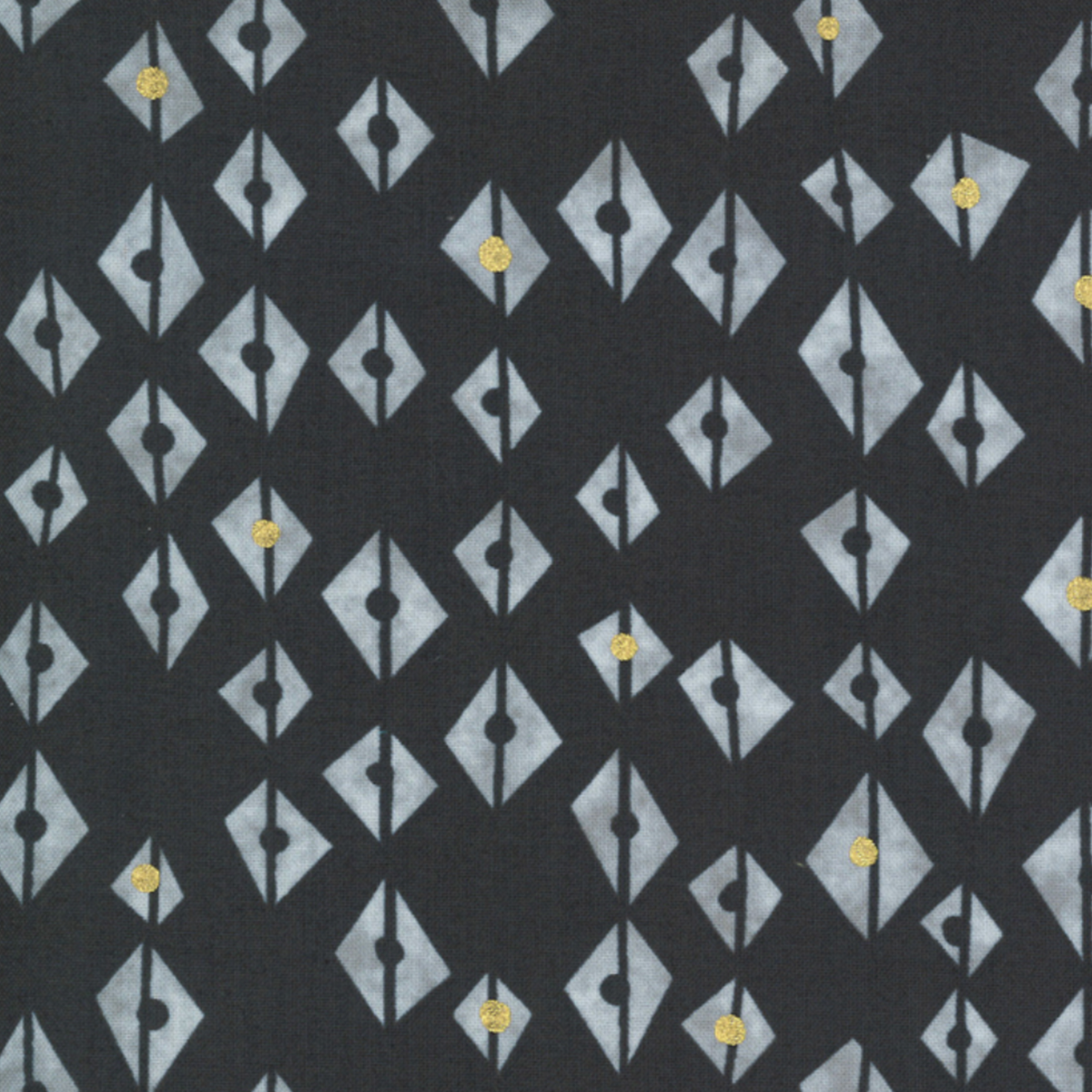 Dance in Paris Lanterns Metallic Charcoal fabric by Zen Chic for Moda Fabrics, with pale gray diamond motifs and scattered gold accents on charcoal.