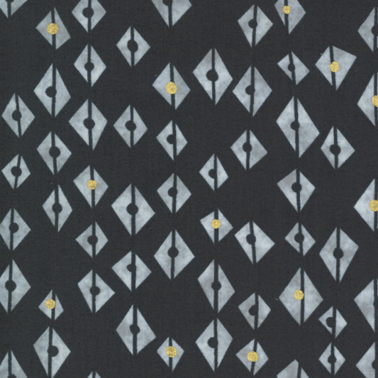 Dance in Paris Lanterns Metallic Charcoal fabric by Zen Chic for Moda Fabrics, with pale gray diamond motifs and scattered gold accents on charcoal.