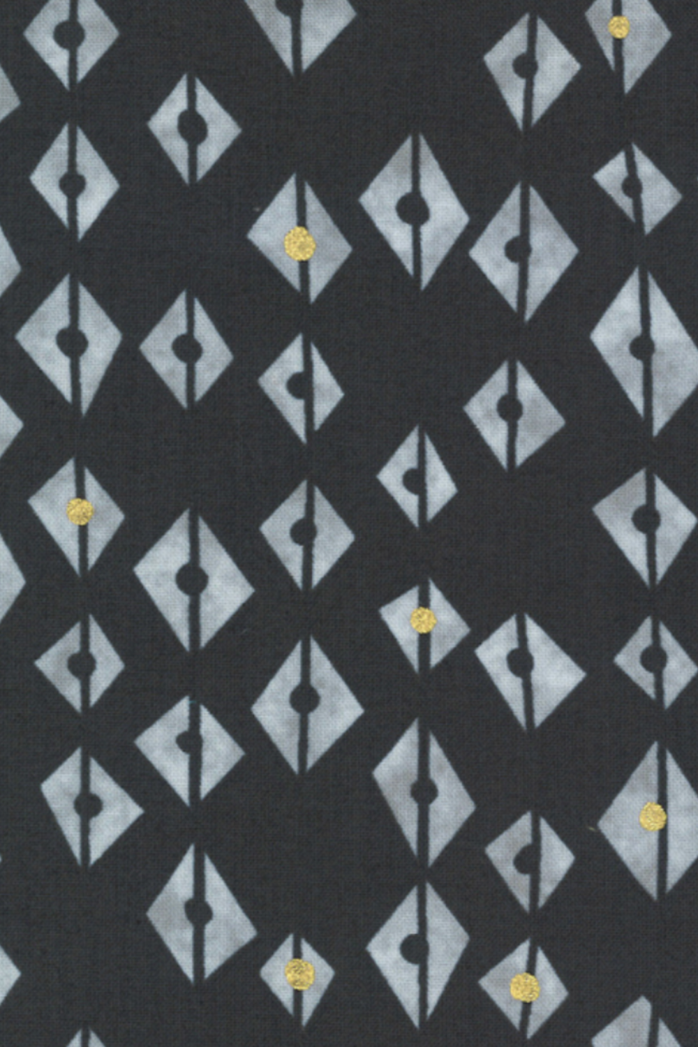 Close-up of Dance in Paris Lanterns Metallic Charcoal fabric, with pale gray split-diamond motifs and occasional gold accents on a charcoal ground.