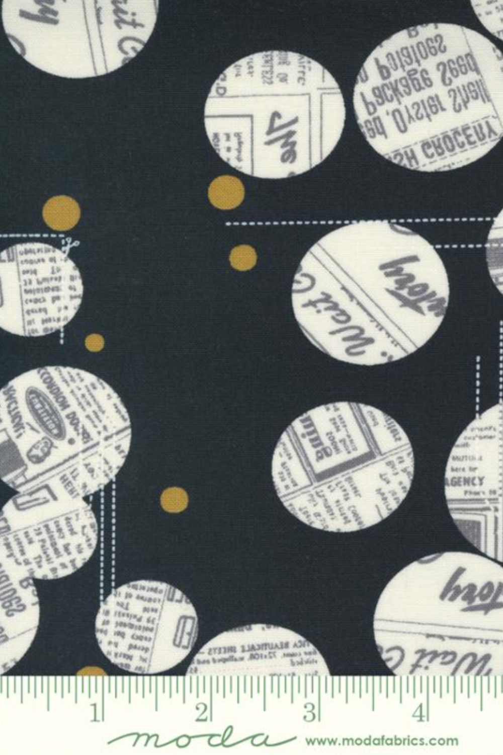 Celestial News Dropping Onyx by Zen Chic for Moda Fabrics — close-up of the bold graphic print showing large cream vintage newspaper circles and gold metallic dots on black cotton. 43"/44" wide. Perfect for modern quilts, sashing, and statement blocks!