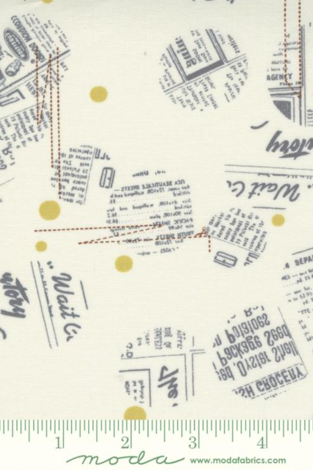 Celestial News Dropping Moonbeam fabric by Zen Chic for Moda Fabrics, featuring charcoal newsprint motifs and mustard-gold dots on ivory, shown vertically with a ruler for scale.