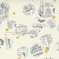 Celestial News Dropping Moonbeam fabric by Zen Chic for Moda Fabrics, with charcoal newsprint motifs and mustard-gold dots on ivory.
