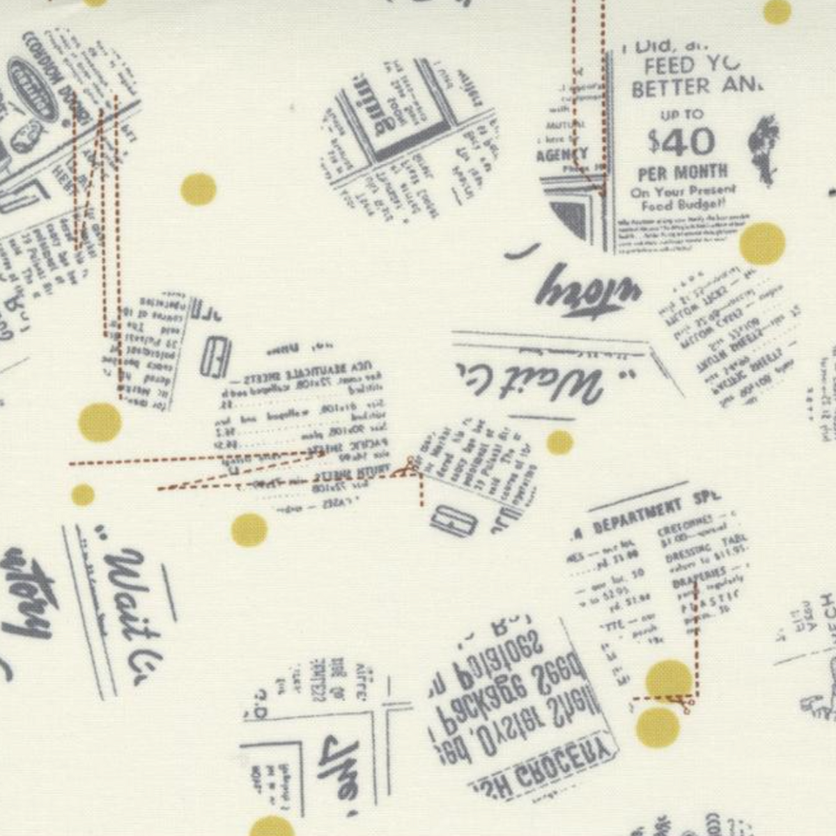Celestial News Dropping Moonbeam fabric by Zen Chic for Moda Fabrics, with charcoal newsprint motifs and mustard-gold dots on ivory.