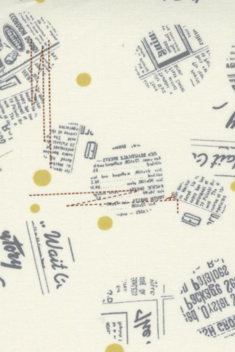 Celestial News Dropping Moonbeam fabric by Zen Chic for Moda Fabrics, with charcoal newsprint motifs and mustard-gold dots on ivory.