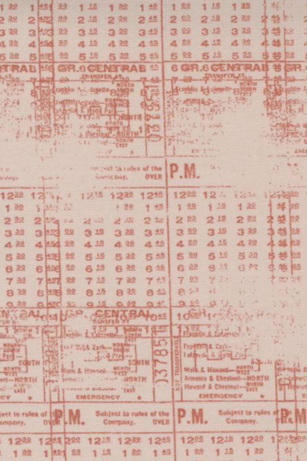 Vertical Pinterest view of Celestial Stamps Text Rose Quartz fabric by Zen Chic for Moda Fabrics, featuring faded timetable numbers, lettering, and grid marks in dusty rose on pale blush.